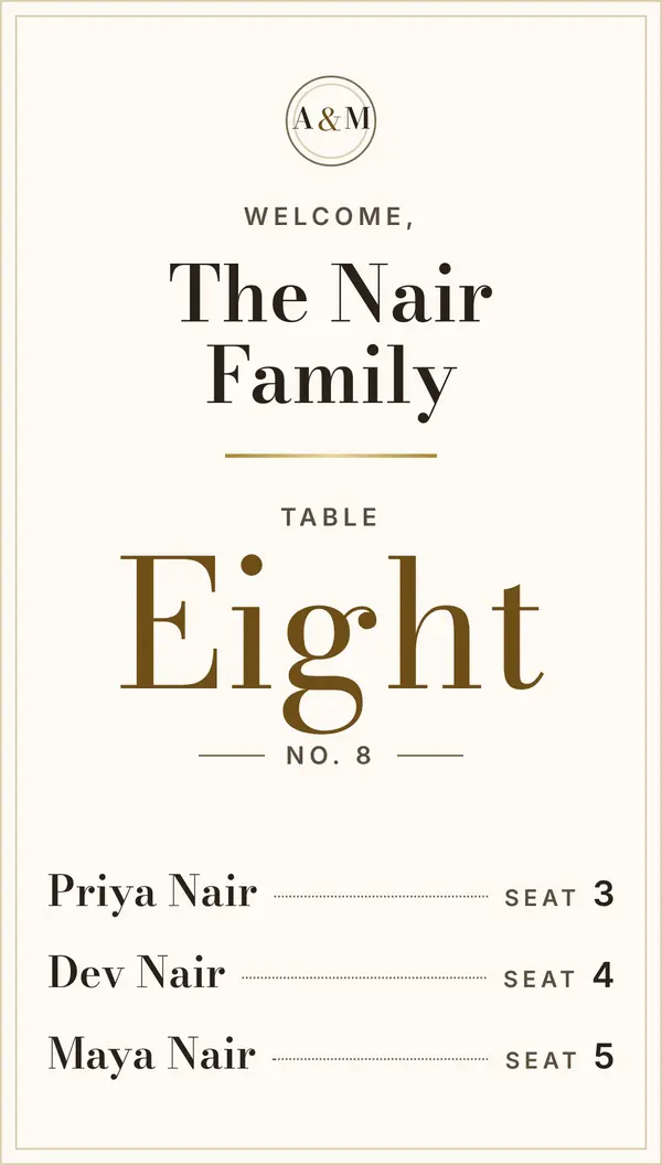 The place card in the Dusk & Gold look, set in Bodoni.