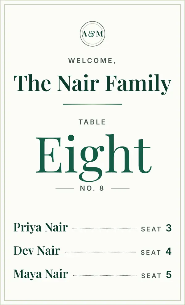 The place card in the Evergreen look: white card, green type.
