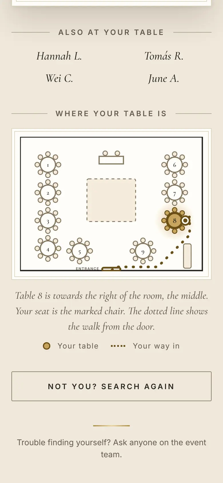 The room on a phone: Table 8 lit in gold, the guest’s chair marked, and a dotted line from the entrance.